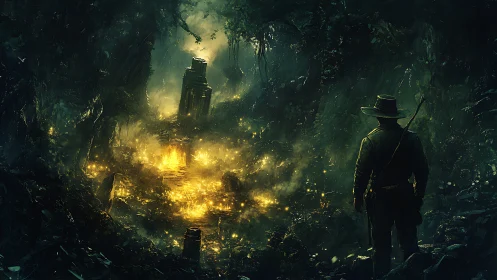 Jungle outlaw beholds molten gold ruins in eerie twilight.