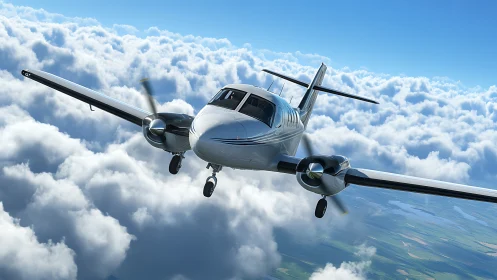 Twin engine propeller aircraft flying above dense clouds.