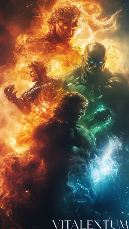 Elemental warriors emerging from swirling cosmic firestorm.