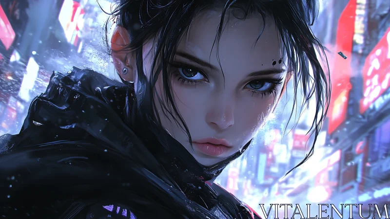 Digital portrait frames wet-haired figure in neon cityscape