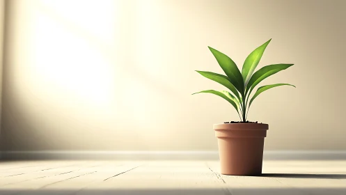 Sunlit potted plant on minimal wooden floor in studio.