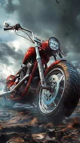 Red chopper motorcycle dominates a stormy cinematic roadscape.