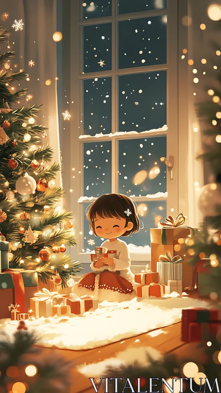 Snow-kissed child hugging presents by glowing tree window.
