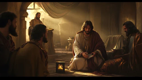 Golden hush over gathered disciples in lamplit stone room.