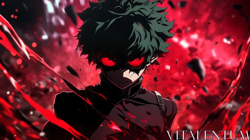 Masked green haired anime figure amid red abstract field.