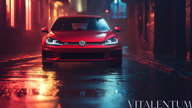Rainy night red Volkswagen glows calmly in neon reflections