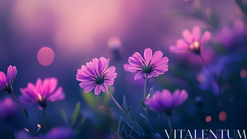 Purple Cosmos Flowers in Dreamy Bokeh Light