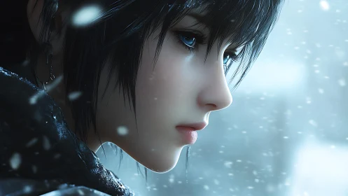 Snowlit gaze of a blue eyed wanderer in quiet winter hush.