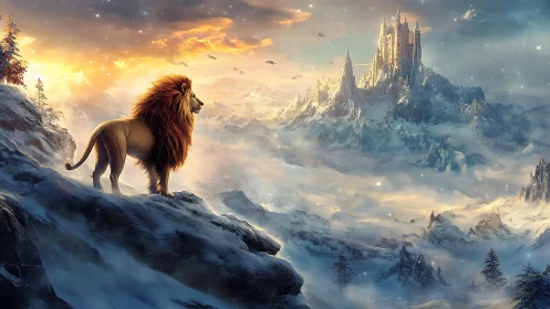 Lion king of winter peaks guarding distant sky castle.