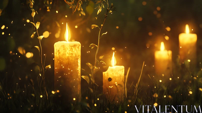 Candle flames glowing in dark grass with floating embers.