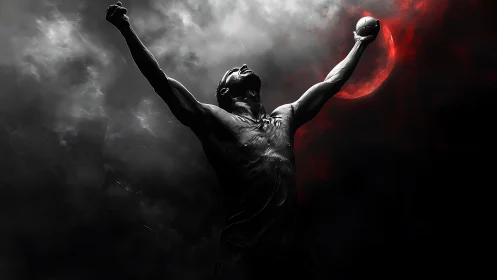 Silhouetted male figure raises arms against red lunar backdrop