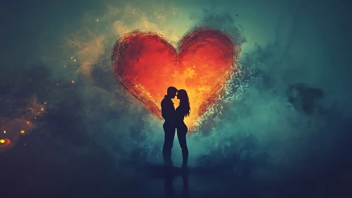Two figures kissing silhouetted before illuminated heart shape
