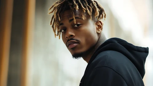 Urban portrait captures thoughtful man in soft daylight.