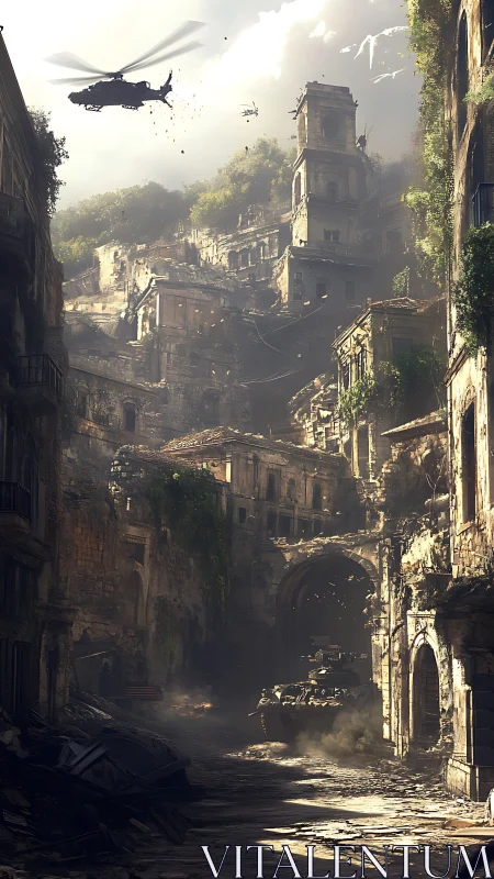 War machines prowl through sunlit ruins of a fallen city