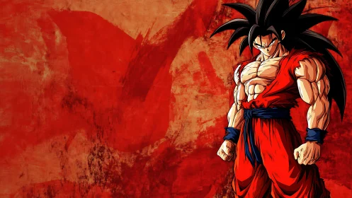 Muscular anime fighter stands against textured red backdrop