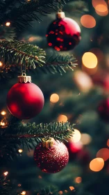 Red ornaments on evergreen Christmas tree with warm lights.