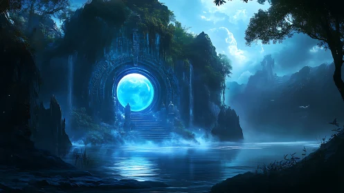 Luminous moon portal within misty ancient canyon temple.