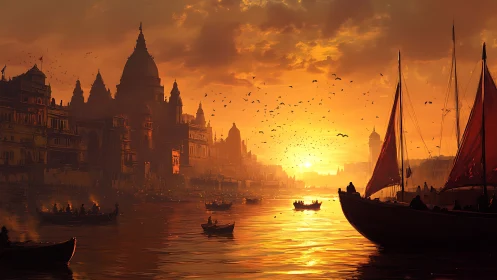 Sunlit temple harbor glows over crowded river at dusk.