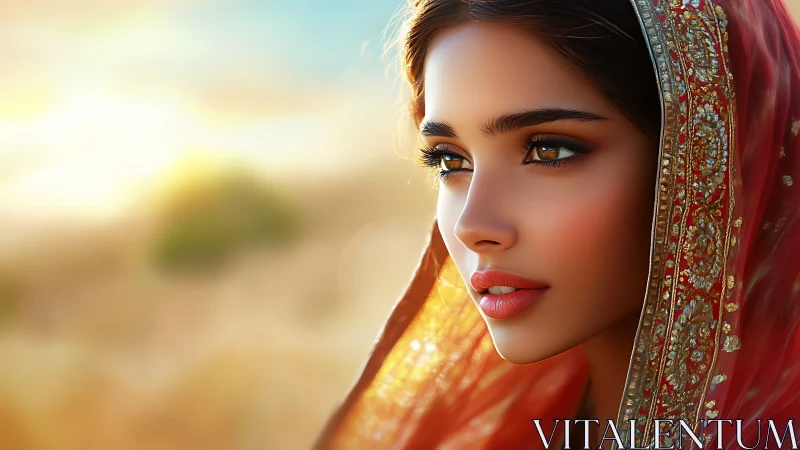 Woman in ornate red veil rendered in soft sunset lighting