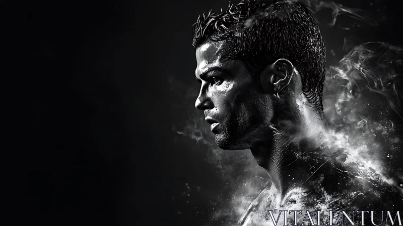 Brooding athlete in swirling monochrome mist portrait.