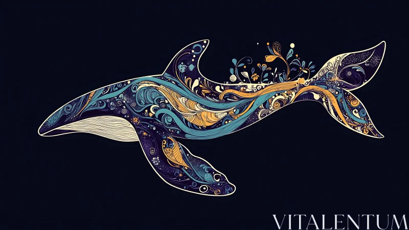 Orca silhouette filled with ornamental aquatic linework