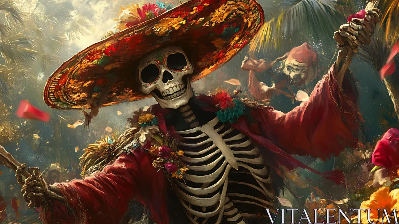Skeleton in festive sombrero dances amid tropical foliage