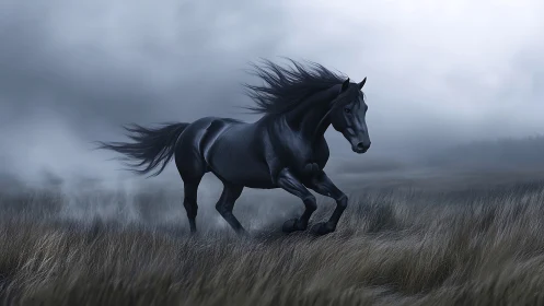Black horse runs through misty field under overcast sky