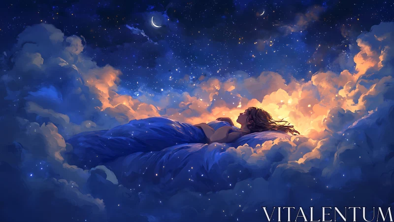 Woman rests on cloud bed under luminous starry sky