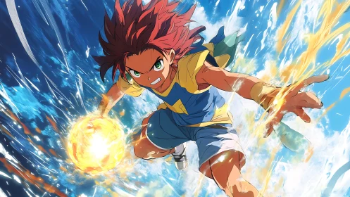 Fiery young hero charges forward with bright unstoppable energy