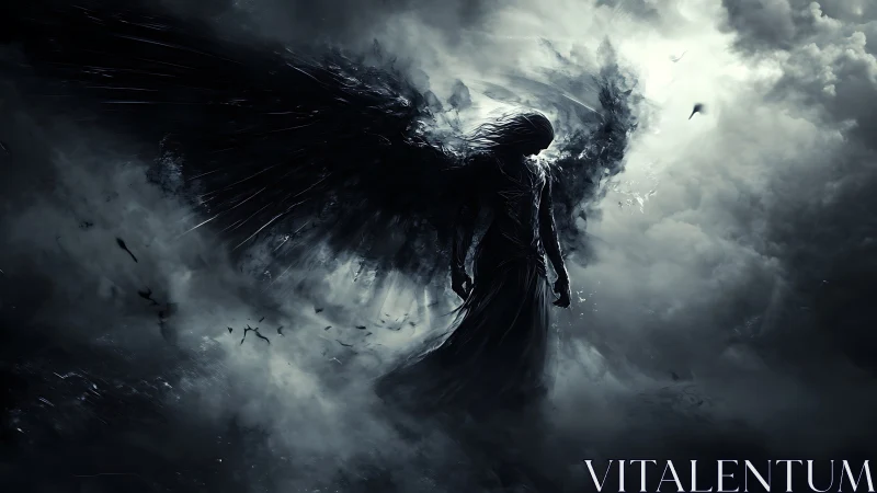 Stormborn shadow angel drifting through fractured light.