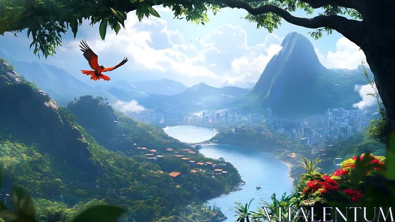 Vibrant macaw above lush bay city under towering peak.