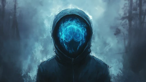 Hooded phantom of blue static stalking the frozen fog.