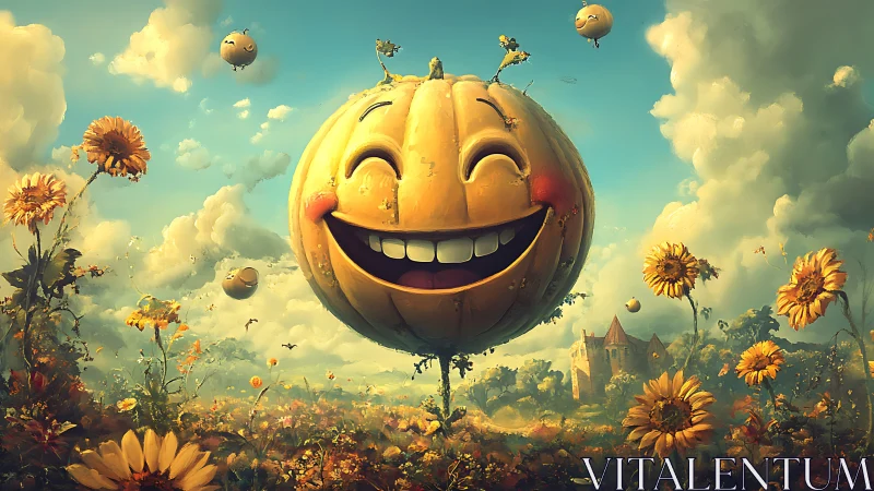 Smiling pumpkin balloon sharing sunshine over happy fields.