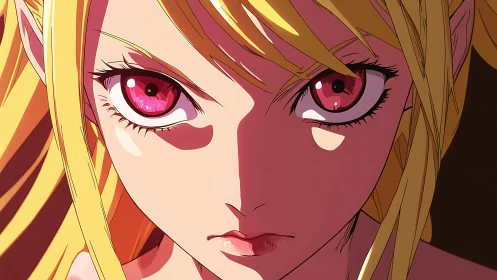 Intense anime girl portrait with sharp pink eyes and light.