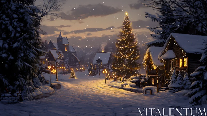 Digital painting of snowy village street with lit Christmas tree.