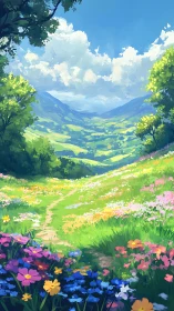 Hillside valley landscape with wildflower path under clouds.