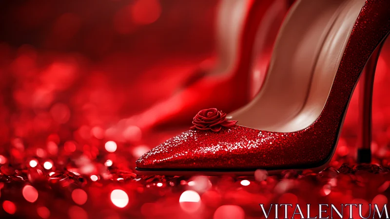 Sparkling red stiletto heels shimmer in romantic bokeh light