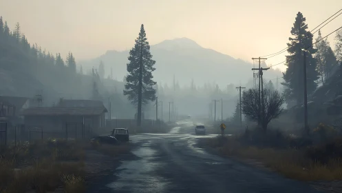 Mist-washed mountain road quietly unwinds toward waking light