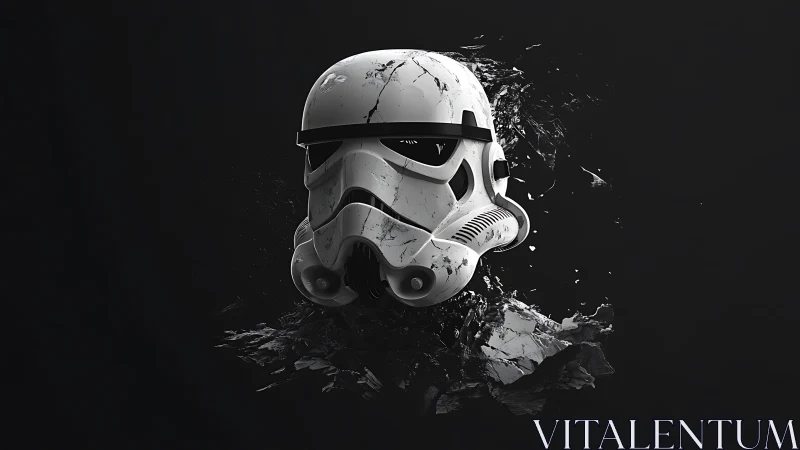 Cinematic stormtrooper helmet rendered in fragmented 3D space