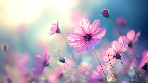 Pink cosmos flowers in soft focus light. Garden blooms.