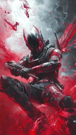 Cyber assassin warrior in red storm of liquid energy.