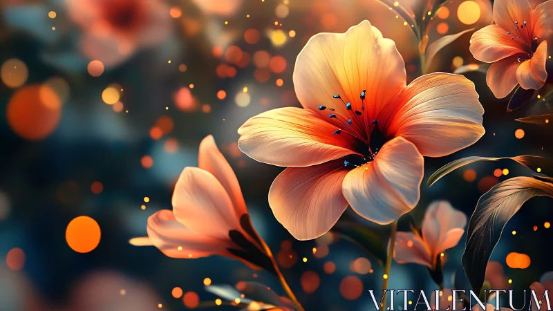 Illuminated flowers with bokeh light effects and warm color gradients