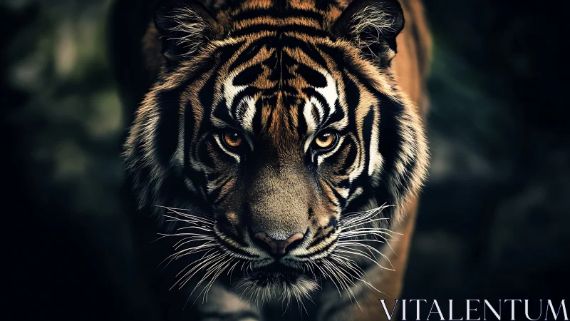 Close frontal view of tiger with focused gaze in darkness.