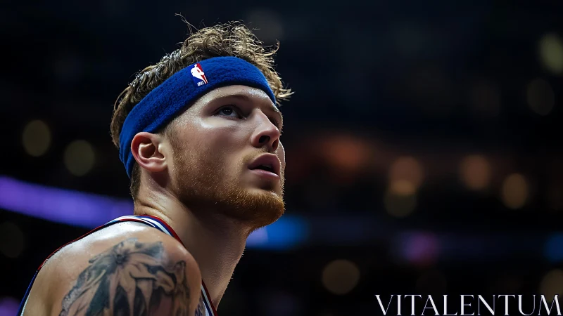 Male basketball player with headband in arena setting.
