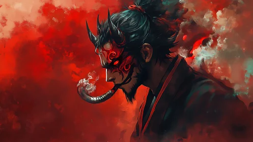 Demonic samurai profile smokes through ornate horned mask.