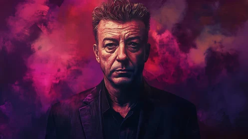 Brooding male portrait against vivid magenta smoke backdrop.