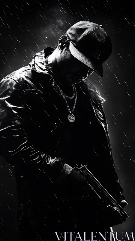 Silhouetted figure in rain holding handgun in low key light.