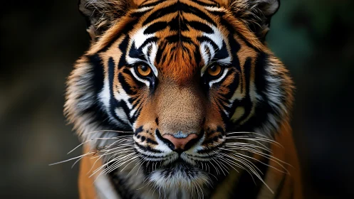 Close frontal portrait of tiger with intense gaze.