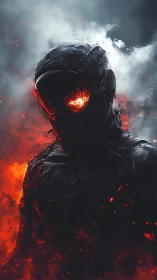 Inferno-armored sentinel emerges through volcanic smoke.