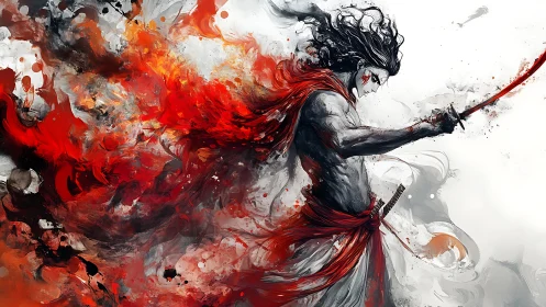 Dynamic samurai swordsman rendered with explosive red fluid dynamics